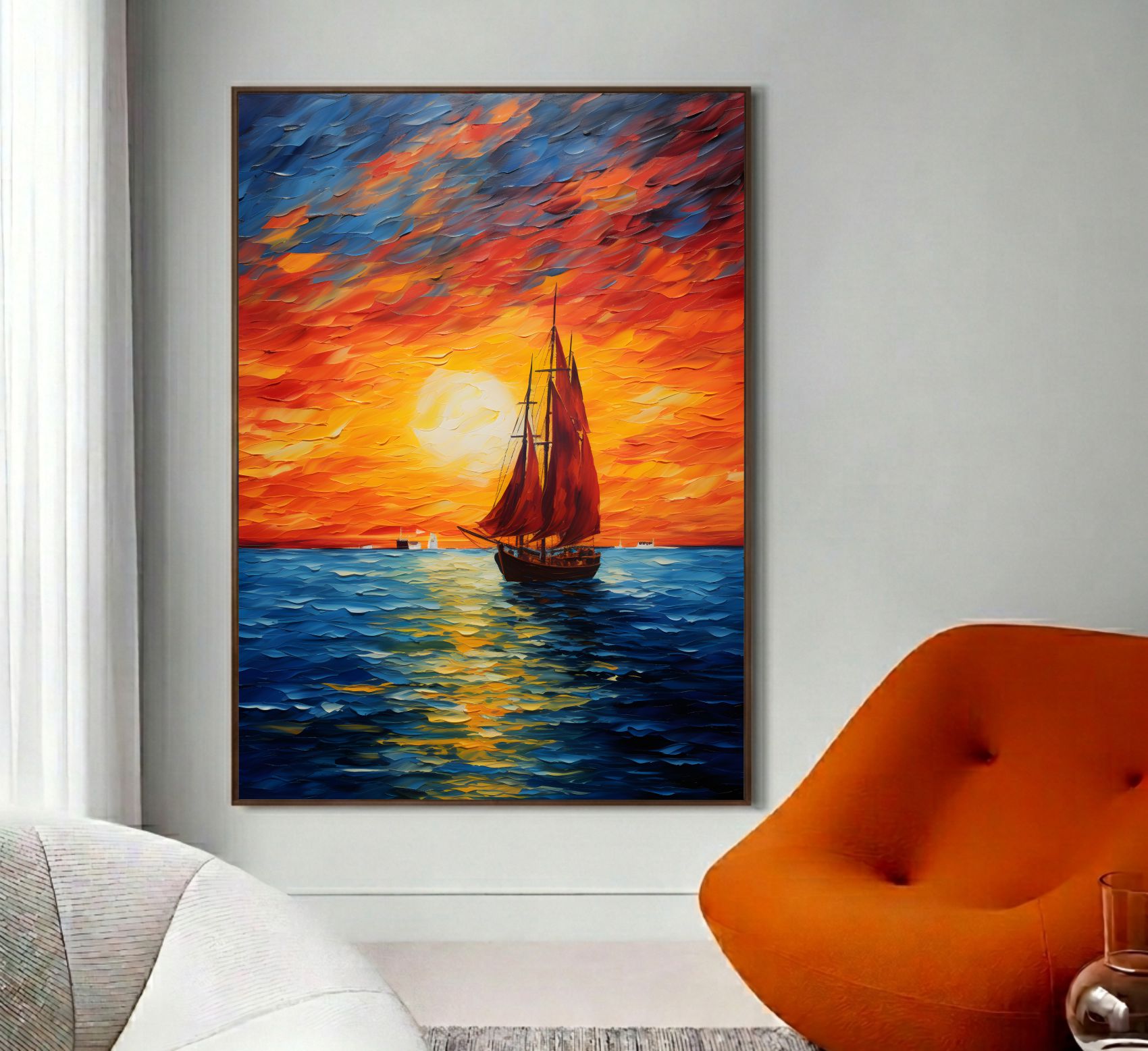 Quadro Decorativo Barco Ao Pôr Do Sol No Mar Pintura Moderna