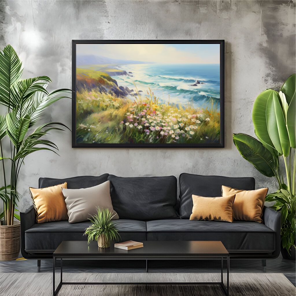 Quadro Decorativo Costa Marítima com Flores Pintura a Óleo