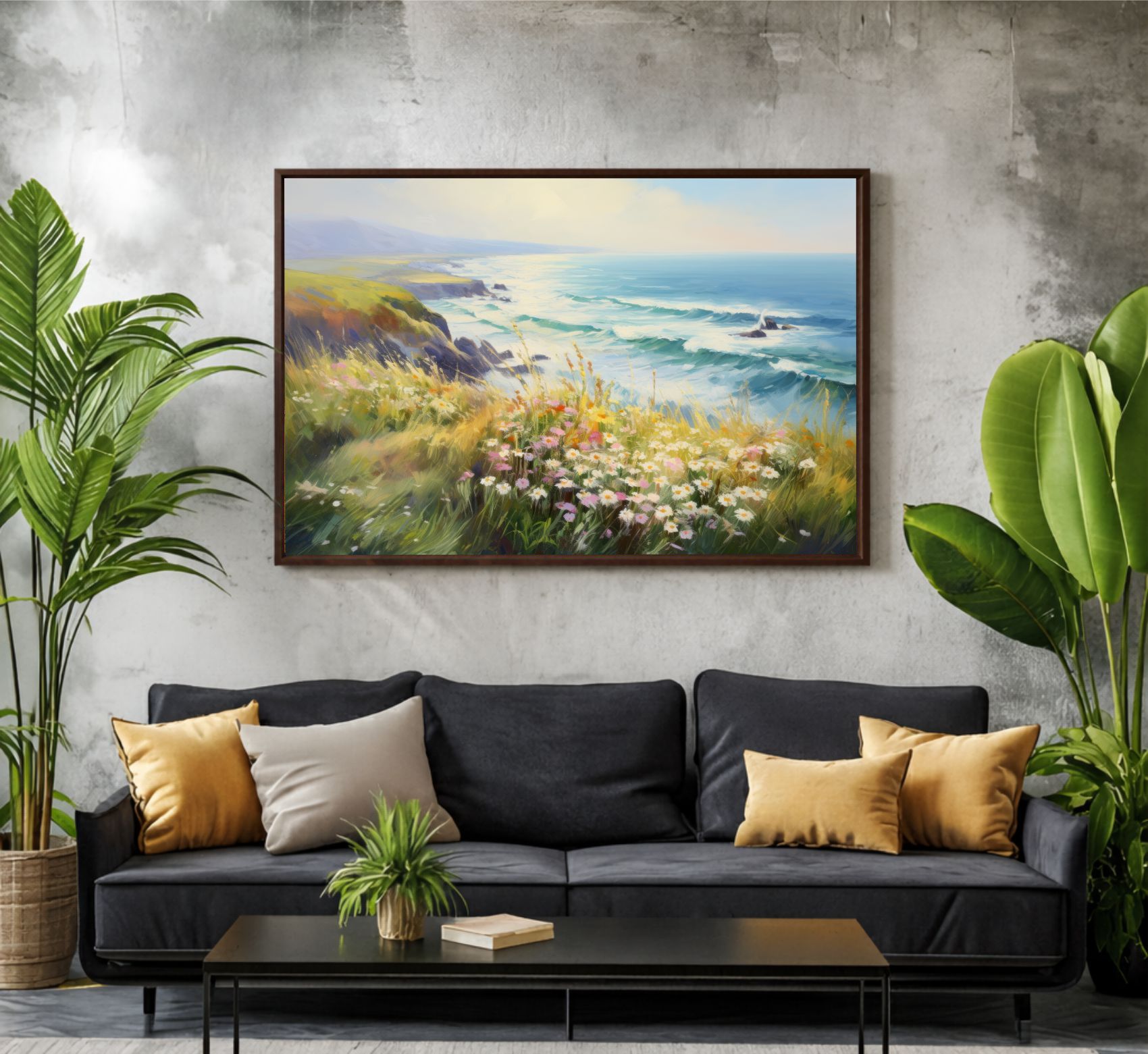 Quadro Decorativo Costa Marítima com Flores Pintura a Óleo