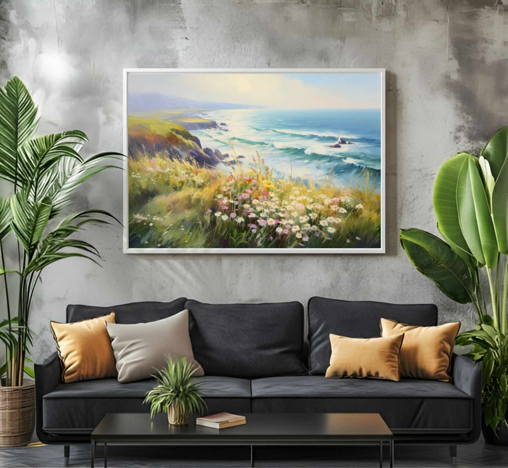 Quadro Decorativo Costa Marítima com Flores Pintura a Óleo