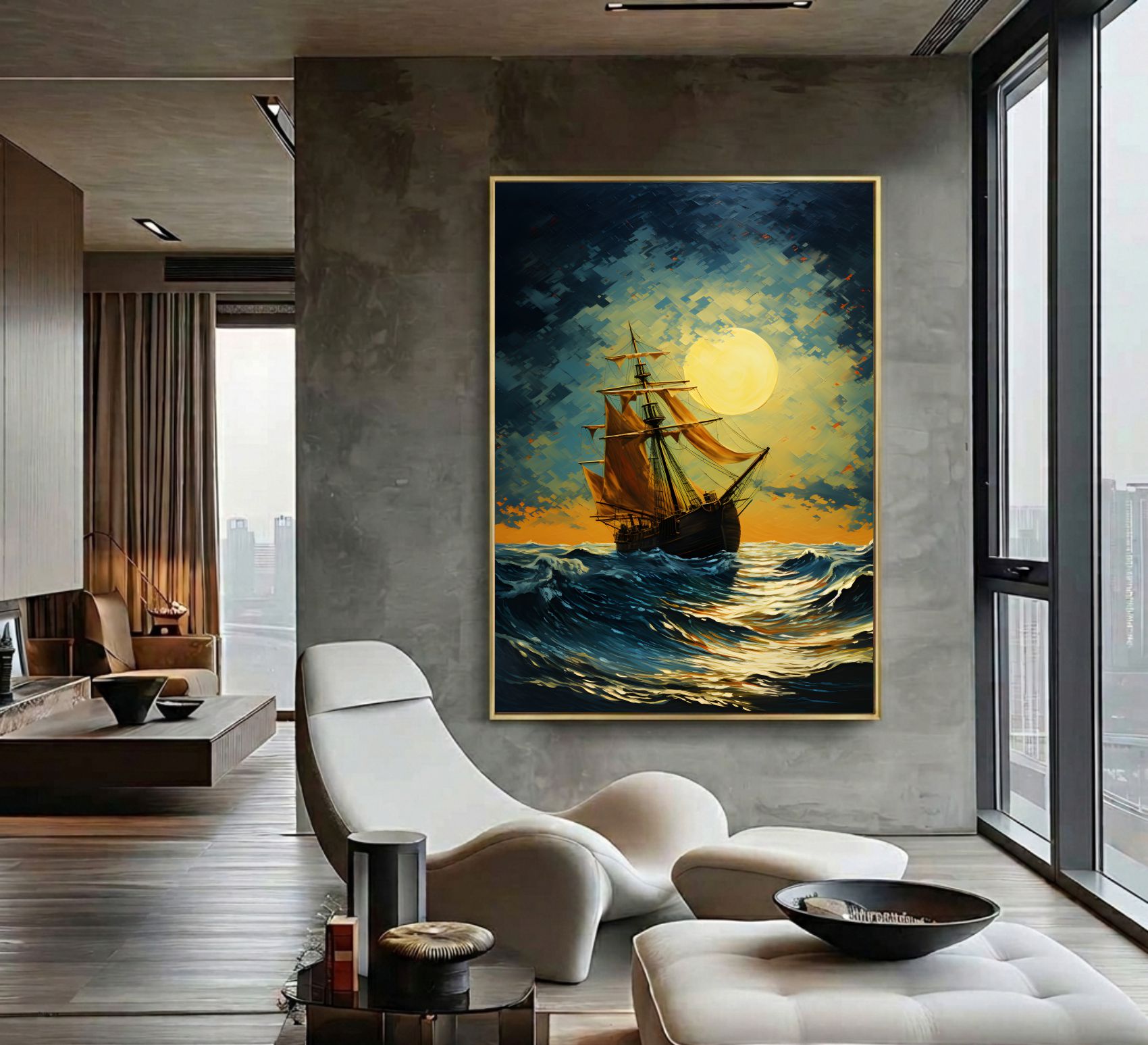 Quadro Decorativo Caravela Ao Luar No Mar Pintura Óleo
