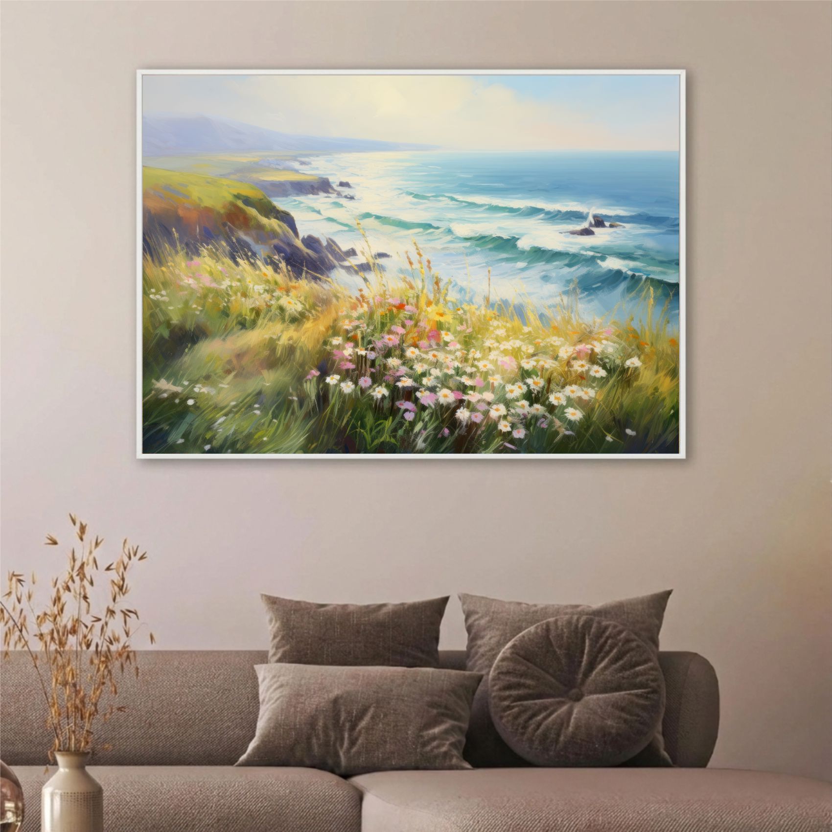 Quadro Decorativo Costa Marítima com Flores Pintura a Óleo