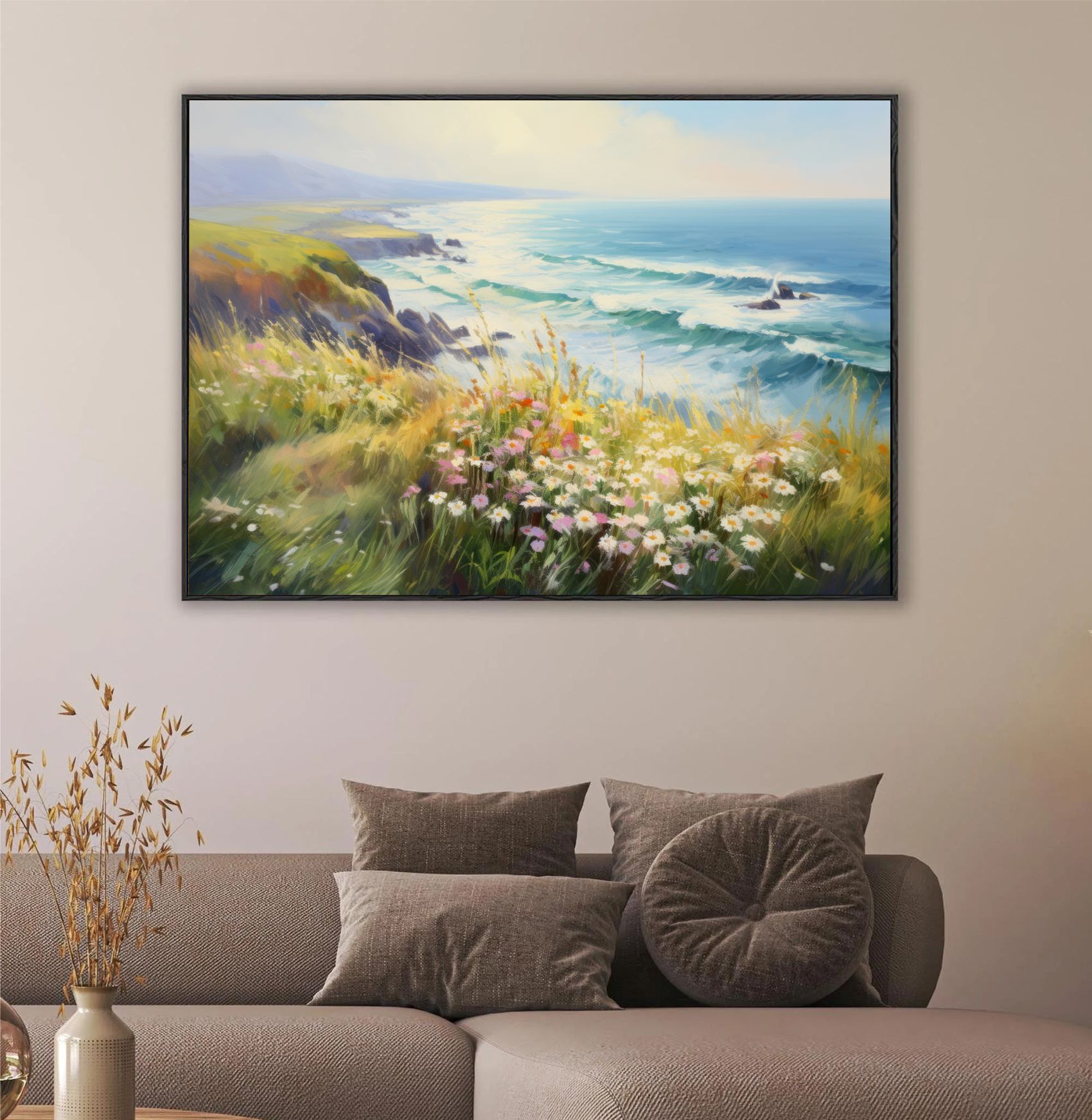 Quadro Decorativo Costa Marítima com Flores Pintura a Óleo