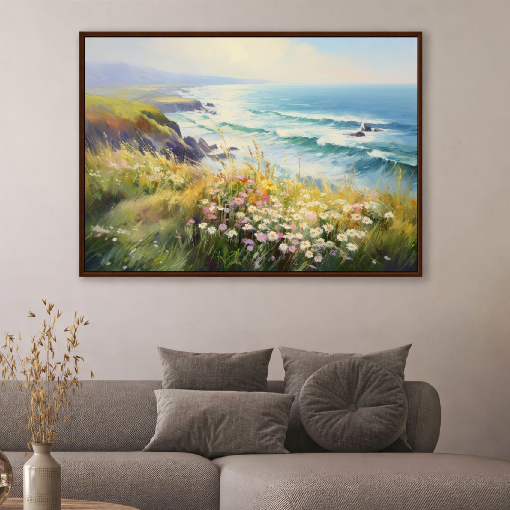 Quadro Decorativo Costa Marítima com Flores Pintura a Óleo