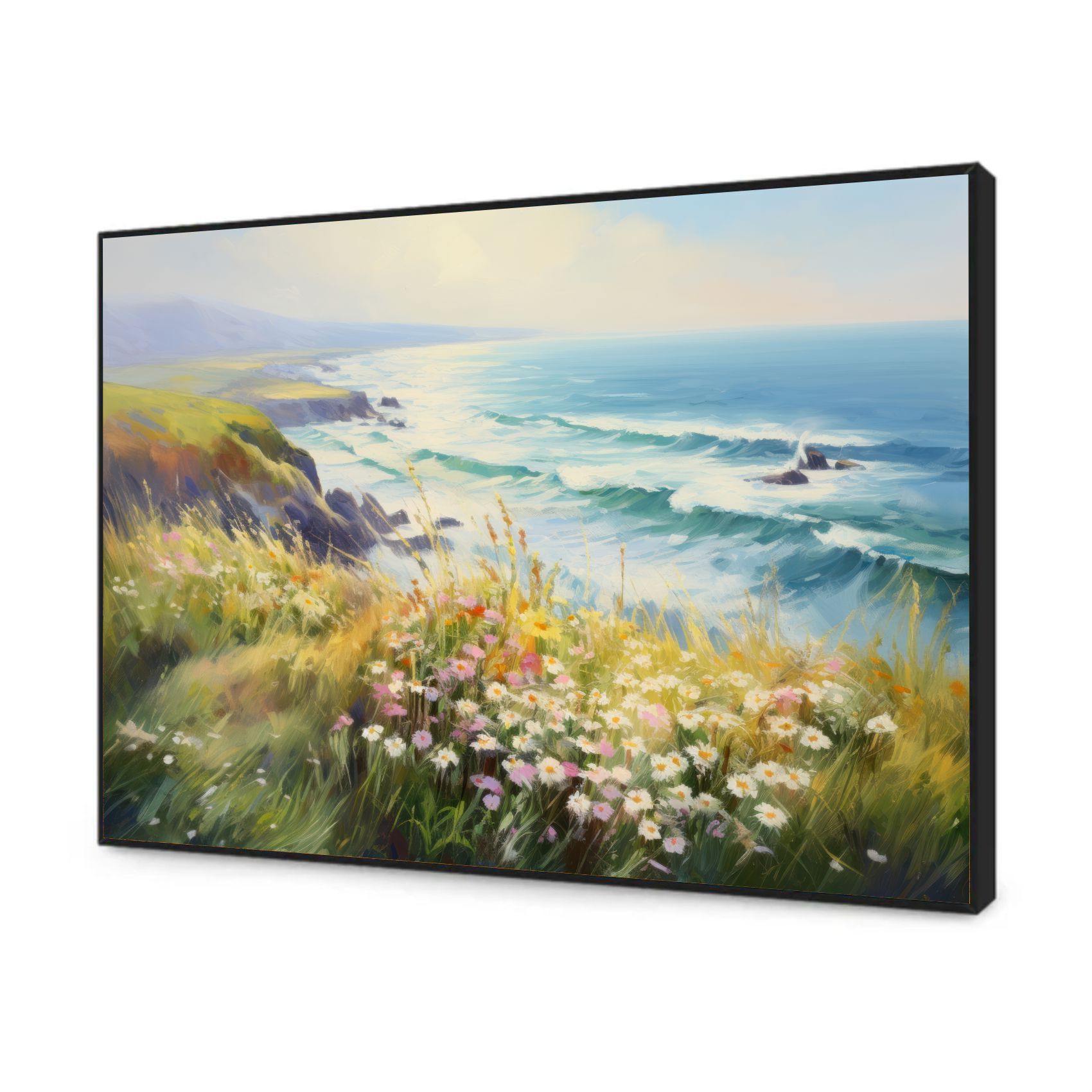 Quadro Decorativo Costa Marítima com Flores Pintura a Óleo