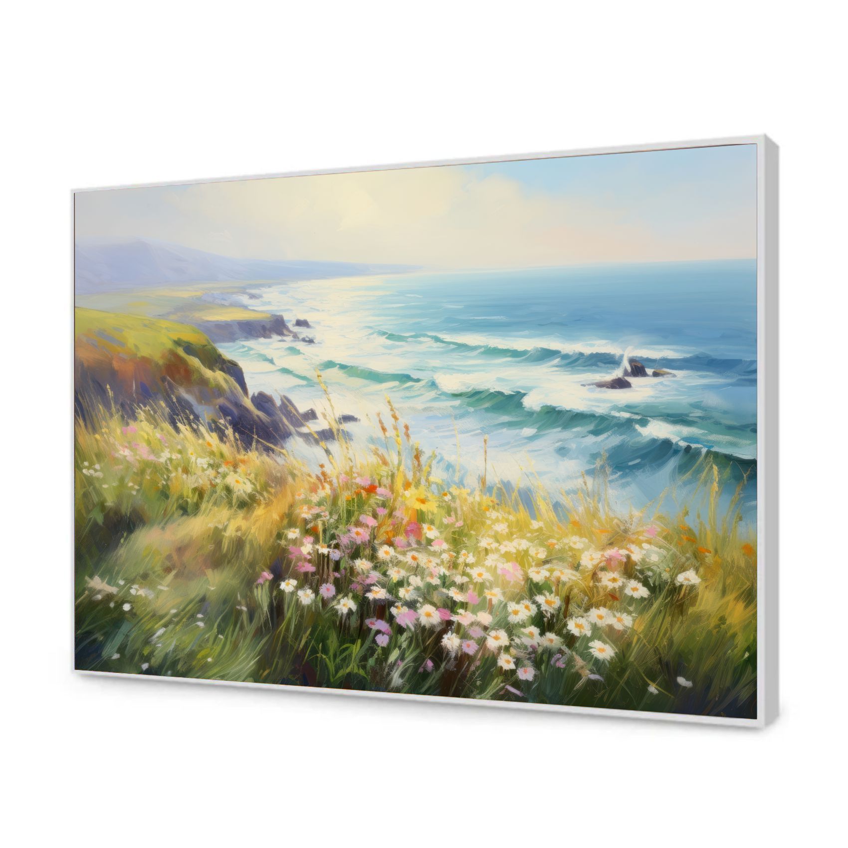 Quadro Decorativo Costa Marítima com Flores Pintura a Óleo