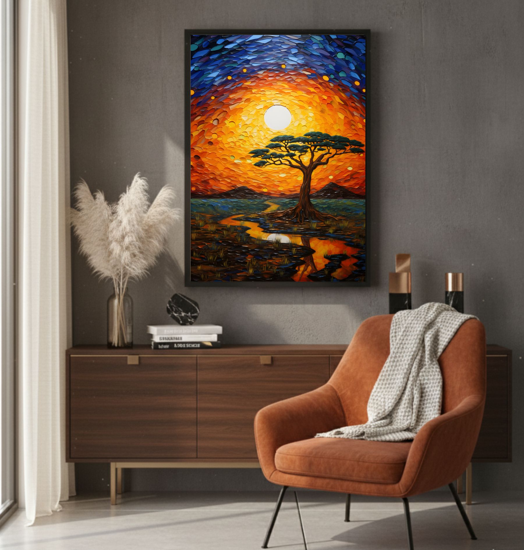 Quadro Decorativo Pintura de Árvore na Savana Africana Quadro Decorativo Pintura de Árvore na Savana Africana