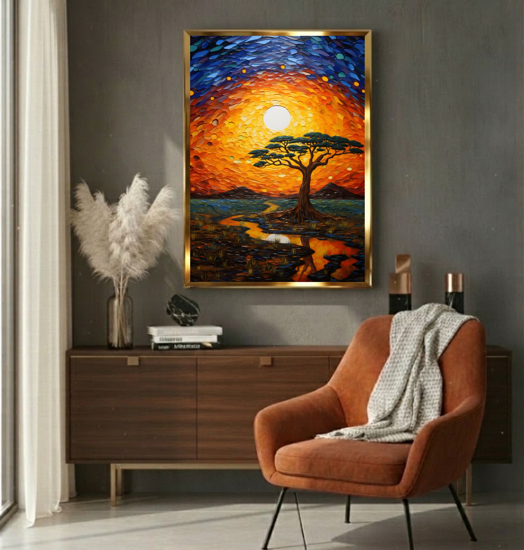 Quadro Decorativo Pintura de Árvore na Savana Africana Quadro Decorativo Pintura de Árvore na Savana Africana