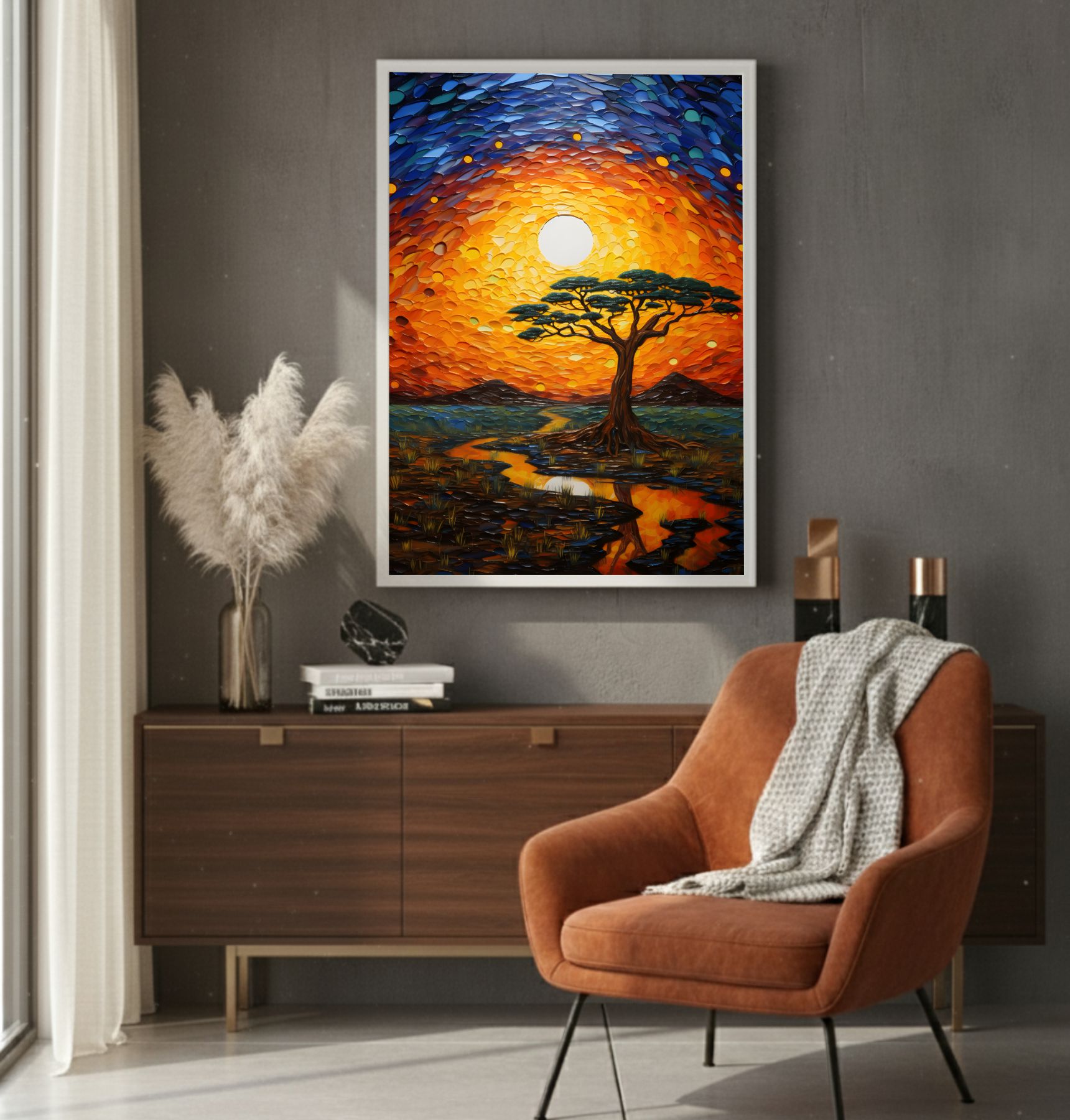 Quadro Decorativo Pintura de Árvore na Savana Africana Quadro Decorativo Pintura de Árvore na Savana Africana