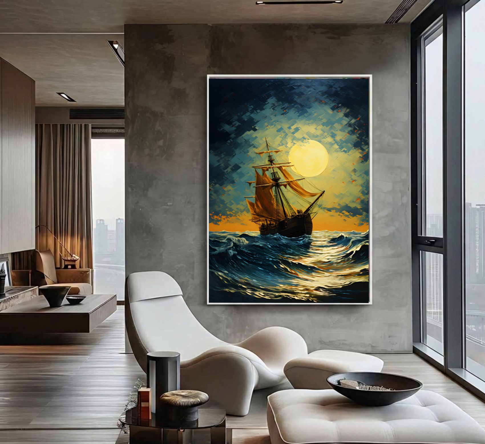 Quadro Decorativo Caravela Ao Luar No Mar Pintura Óleo