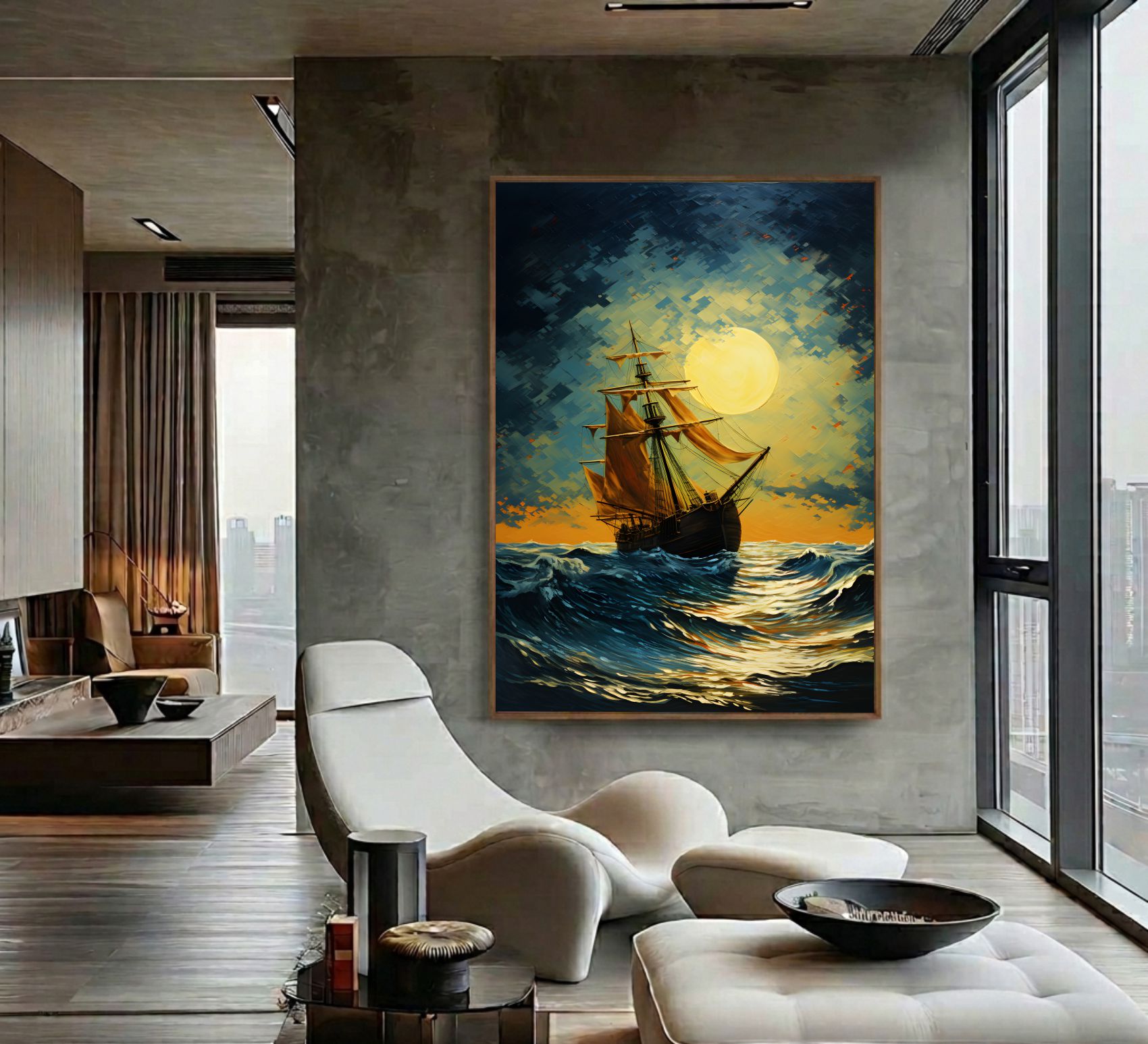 Quadro Decorativo Caravela Ao Luar No Mar Pintura Óleo