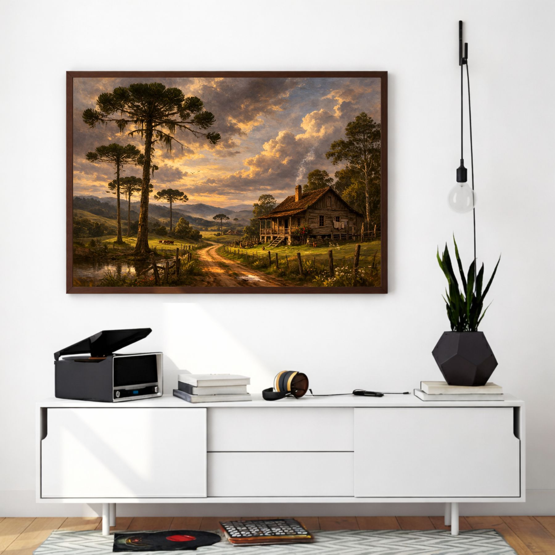 Quadro Decorativo Paisagem Rural Com Casa de Campo e Araucárias Quadro Decorativo Paisagem Rural Com Casa de Campo e Araucárias