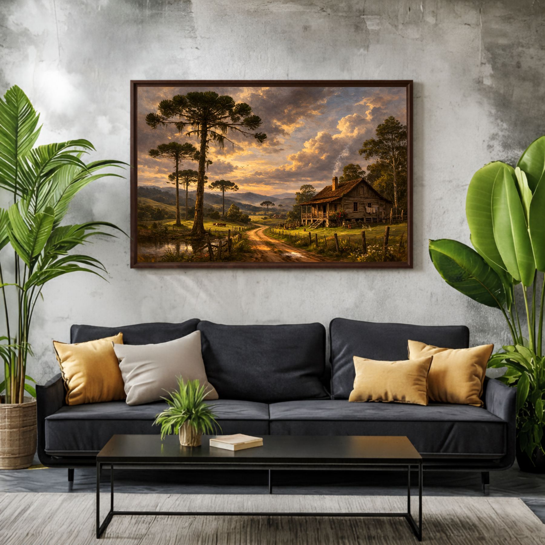 Quadro Decorativo Paisagem Rural Com Casa de Campo e Araucárias Quadro Decorativo Paisagem Rural Com Casa de Campo e Araucárias