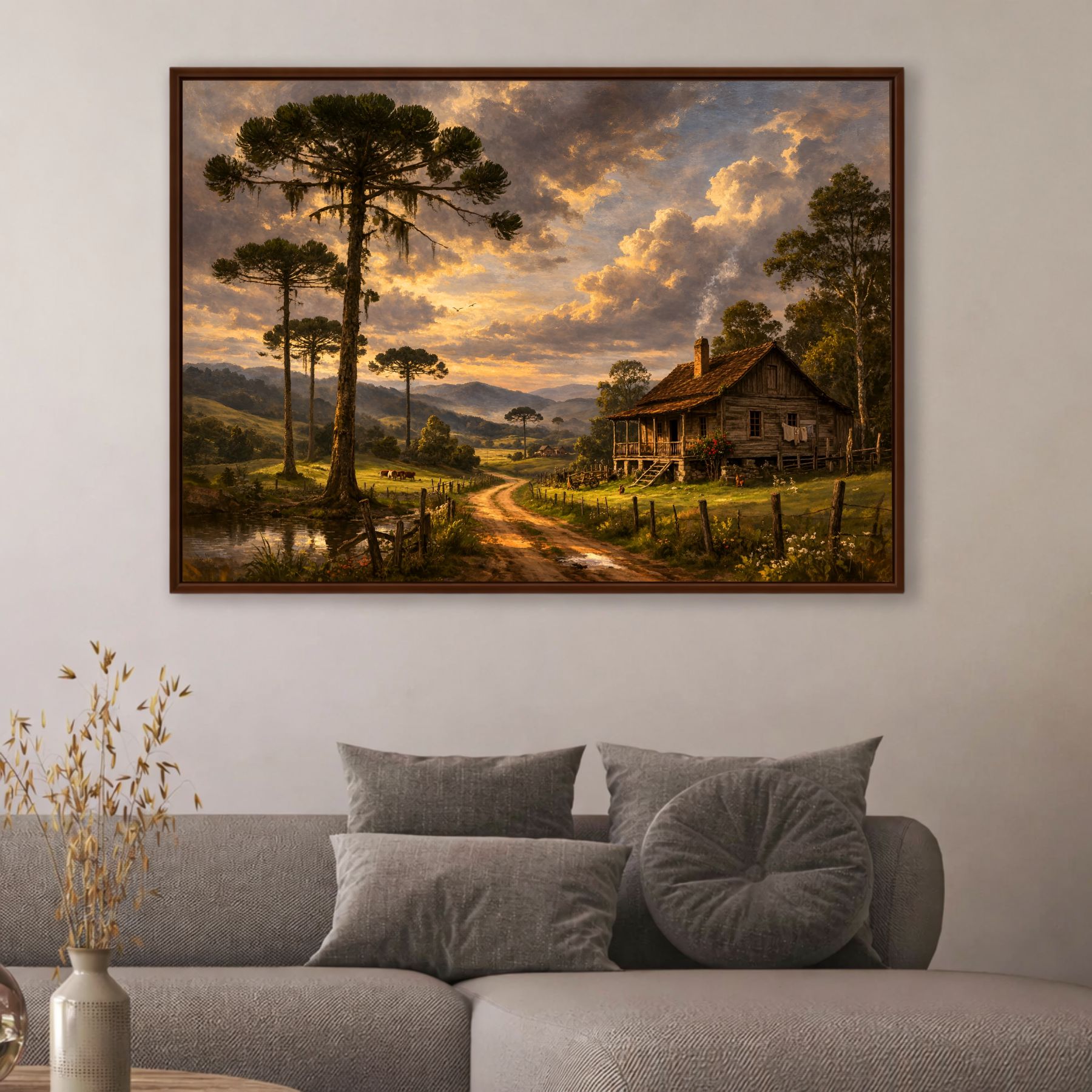 Quadro Decorativo Paisagem Rural Com Casa de Campo e Araucárias Quadro Decorativo Paisagem Rural Com Casa de Campo e Araucárias