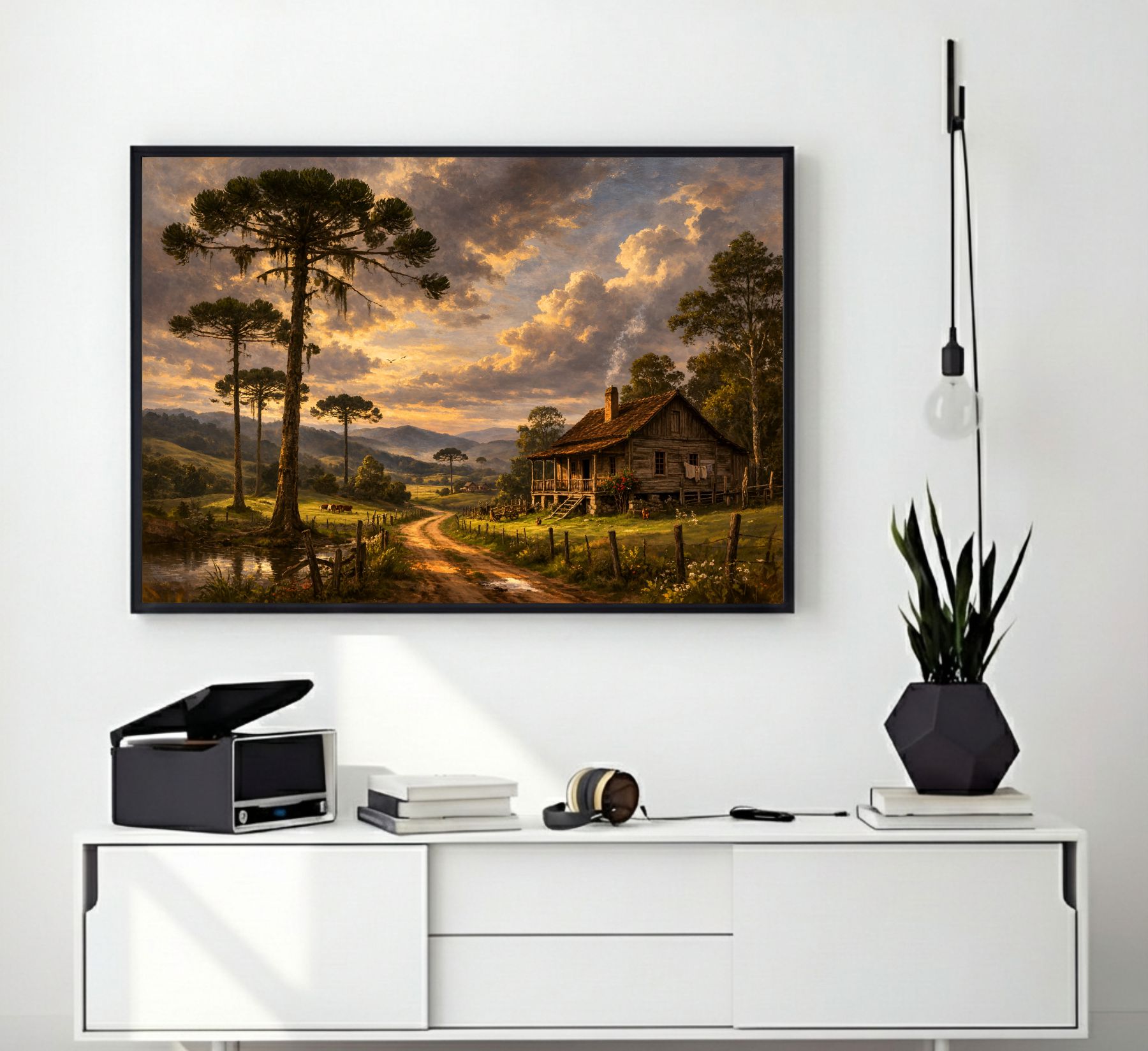 Quadro Decorativo Paisagem Rural Com Casa de Campo e Araucárias Quadro Decorativo Paisagem Rural Com Casa de Campo e Araucárias