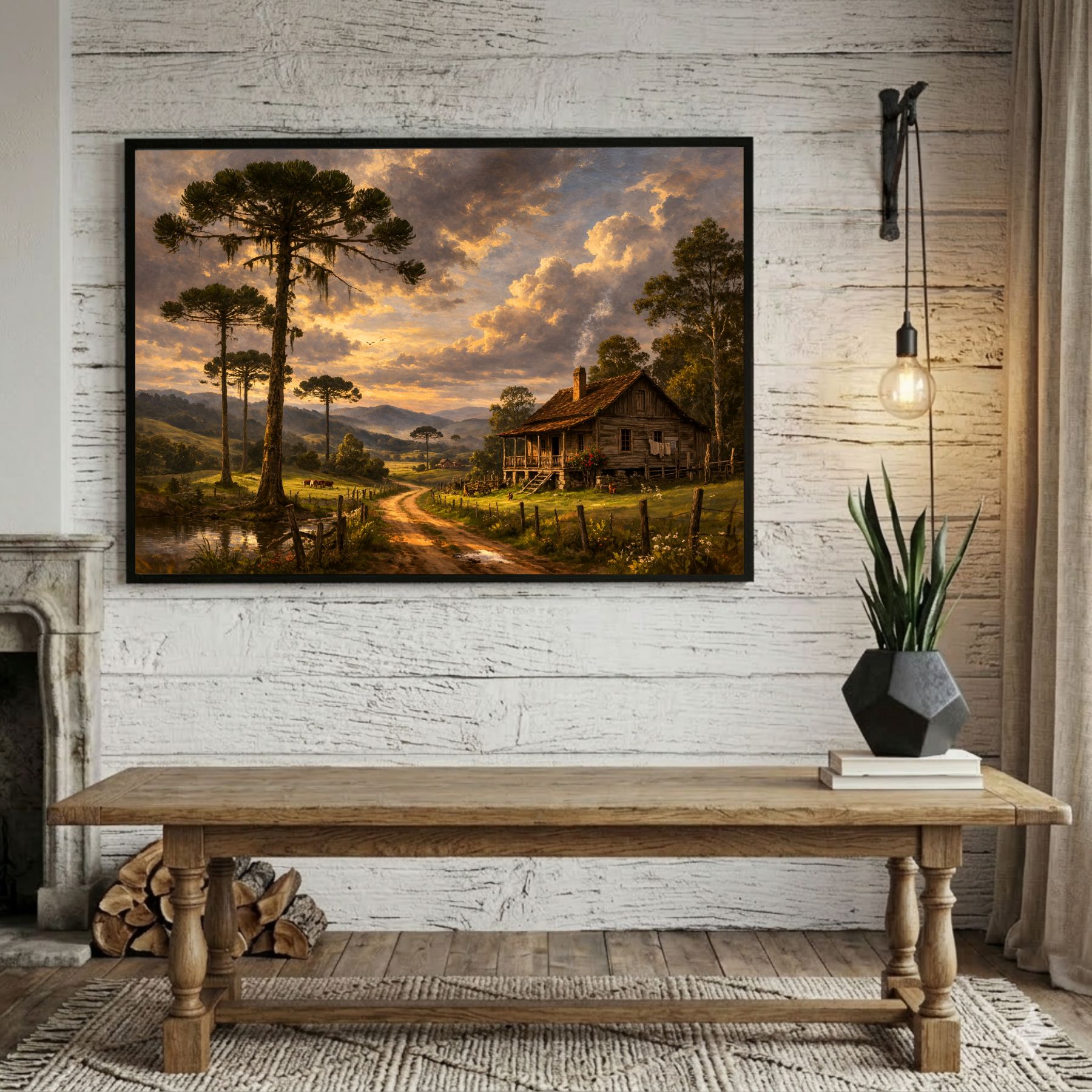 Quadro Decorativo Paisagem Rural Com Casa de Campo e Araucárias Quadro Decorativo Paisagem Rural Com Casa de Campo e Araucárias