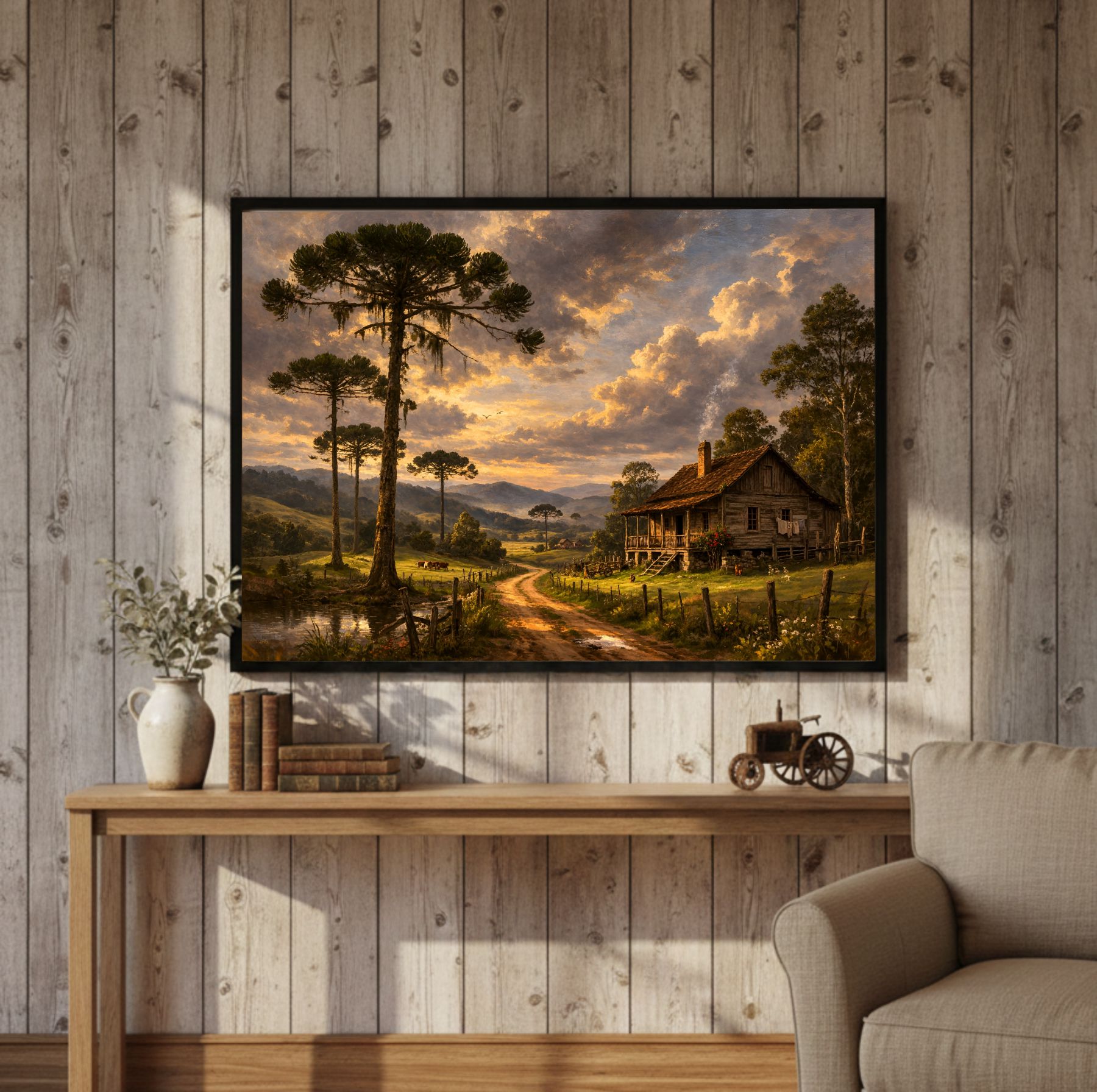 Quadro Decorativo Paisagem Rural Com Casa de Campo e Araucárias Quadro Decorativo Paisagem Rural Com Casa de Campo e Araucárias