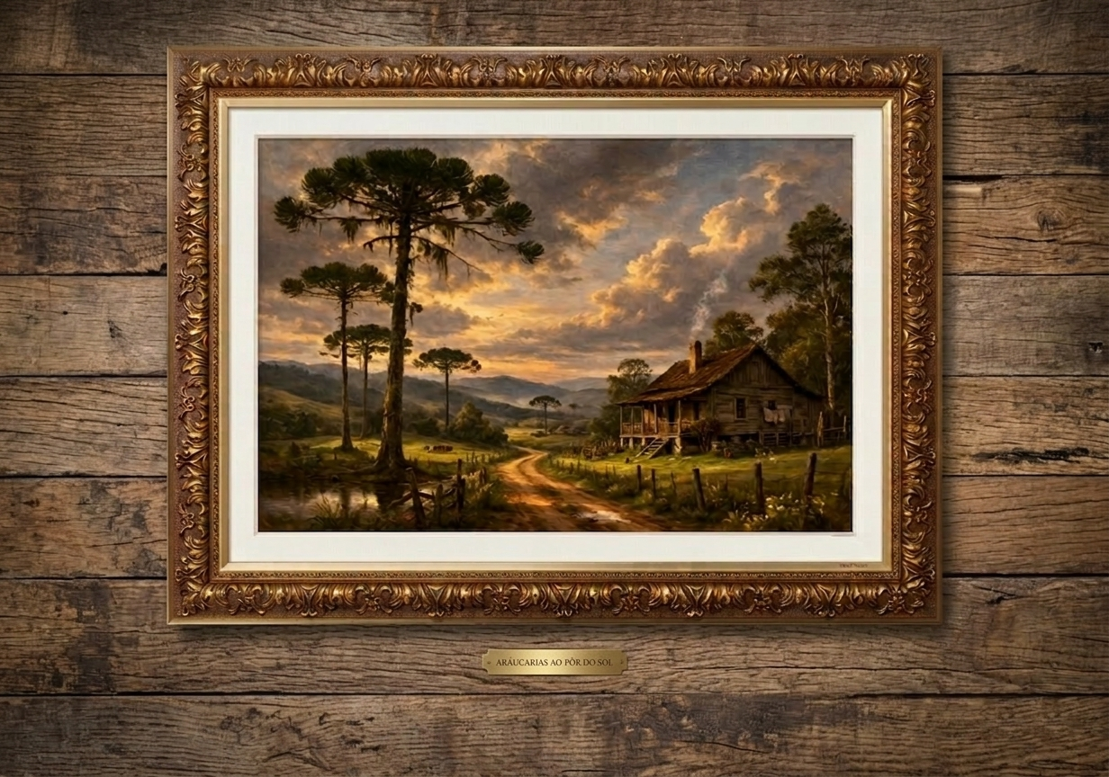 Quadro Decorativo Paisagem Rural Com Casa de Campo e Araucárias Quadro Decorativo Paisagem Rural Com Casa de Campo e Araucárias