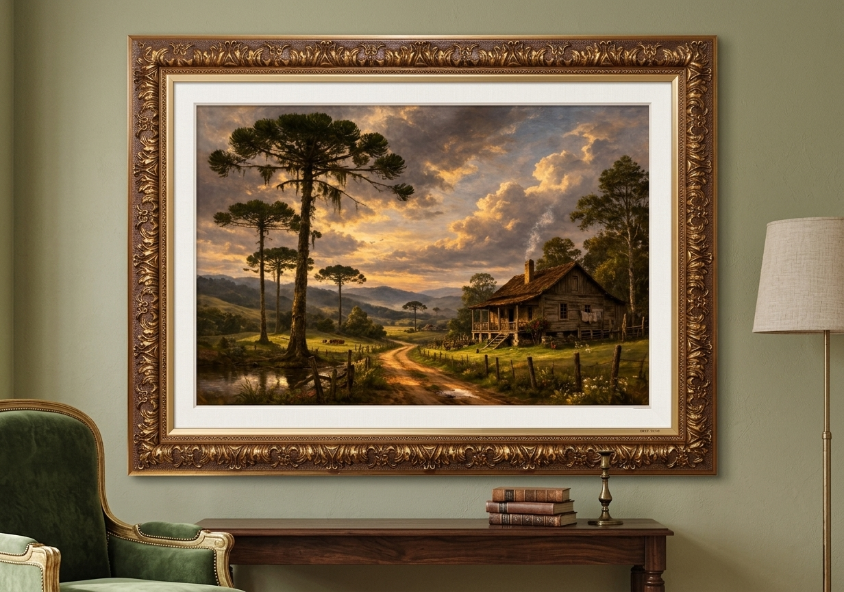 Quadro Decorativo Paisagem Rural Com Casa de Campo e Araucárias