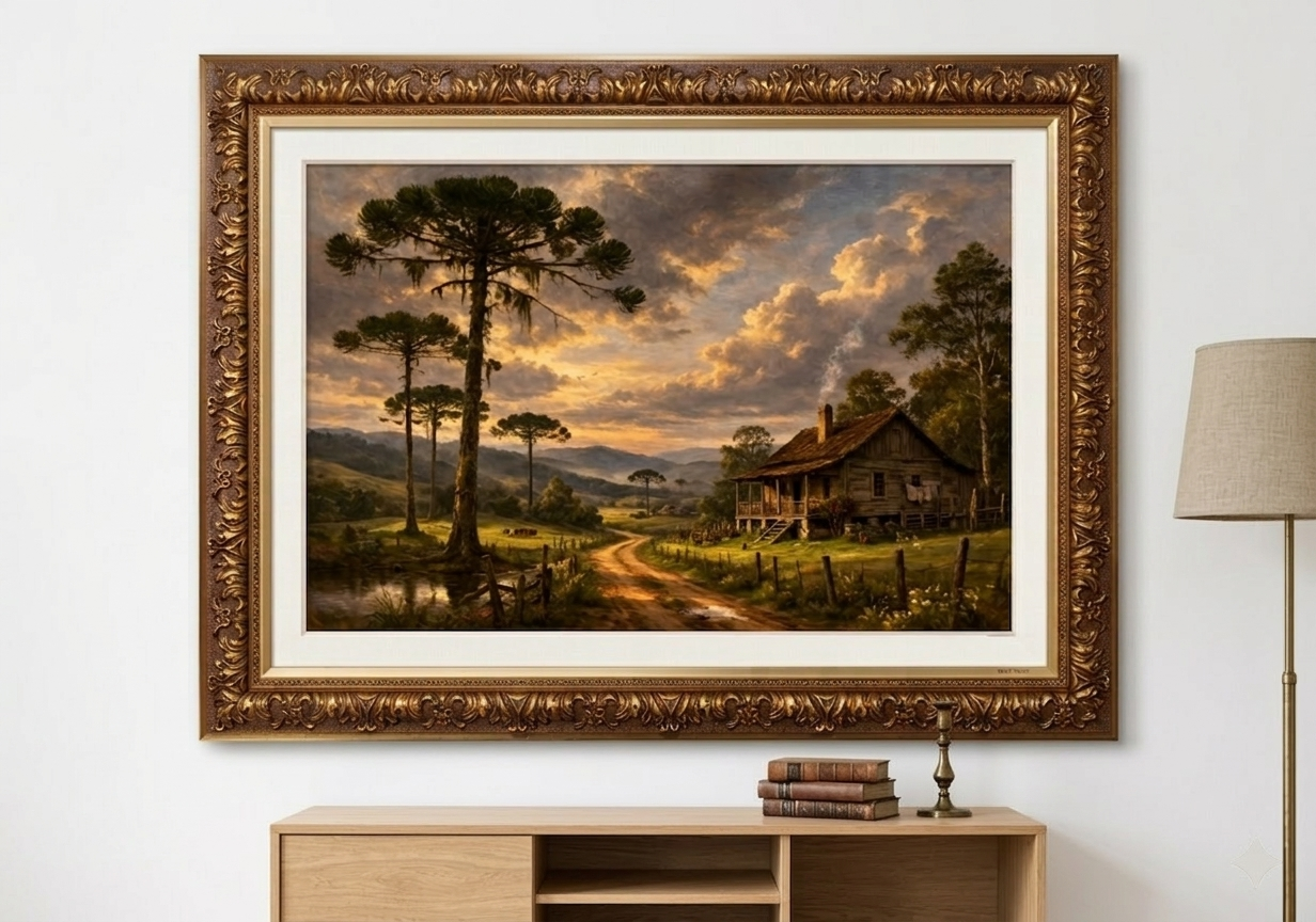 Quadro Decorativo Paisagem Rural Com Casa de Campo e Araucárias