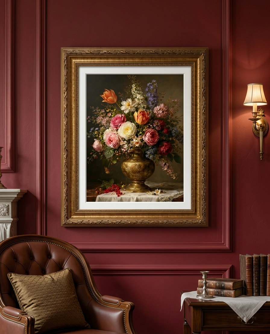 Quadro Decorativo Vaso de Flores Clássico Em Pintura a Óleo