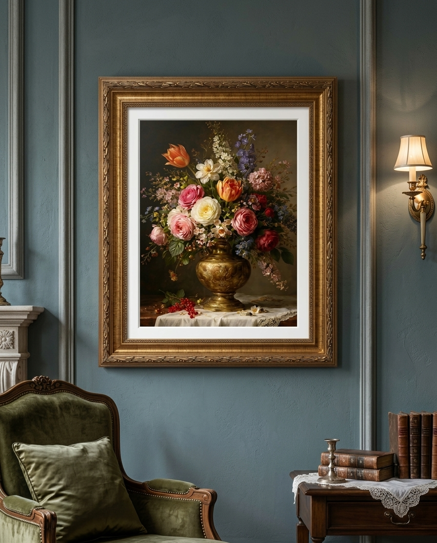 Quadro Decorativo Vaso de Flores Clássico Em Pintura a Óleo