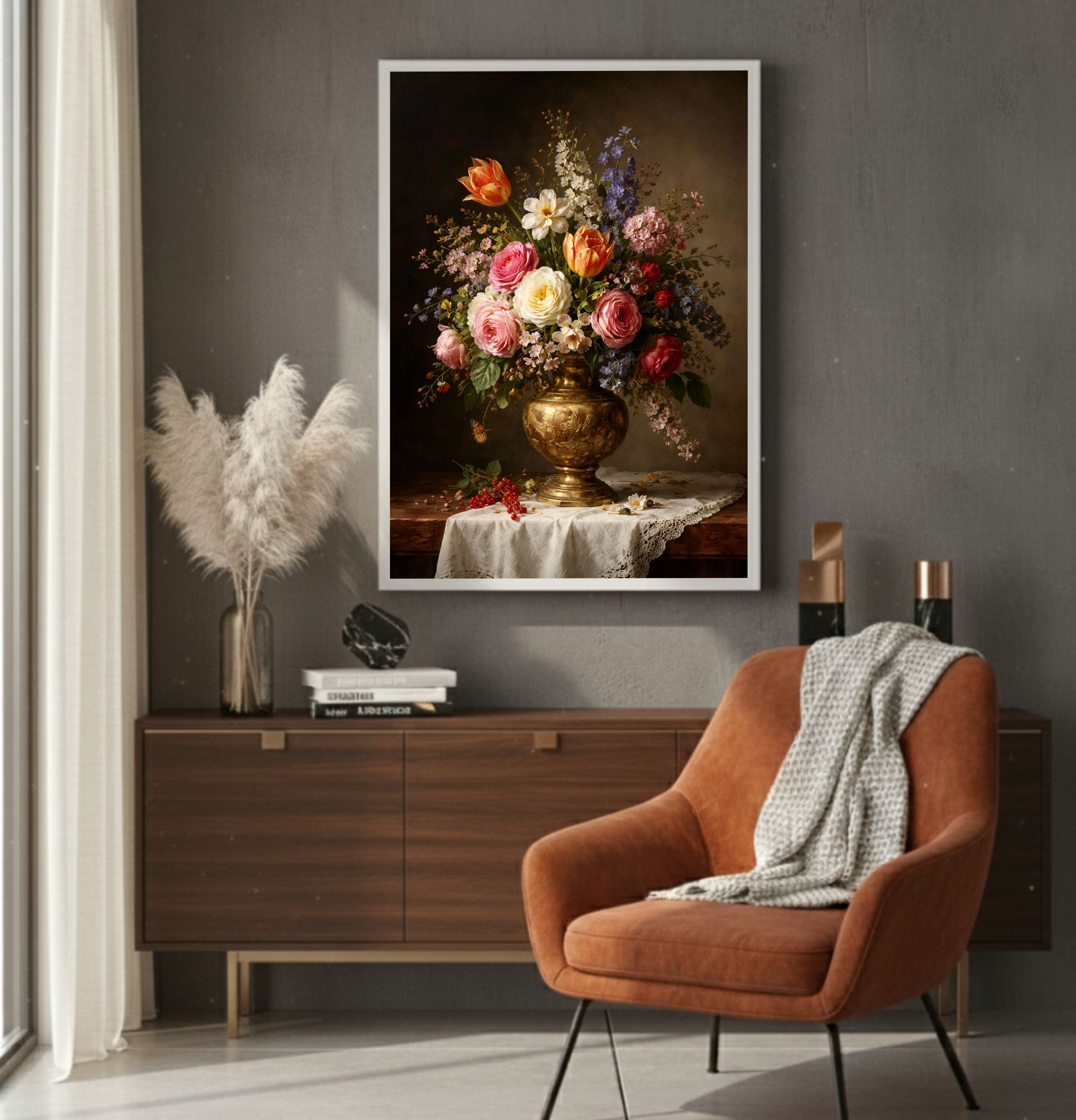 Quadro Decorativo Vaso de Flores Clássico Em Pintura a Óleo