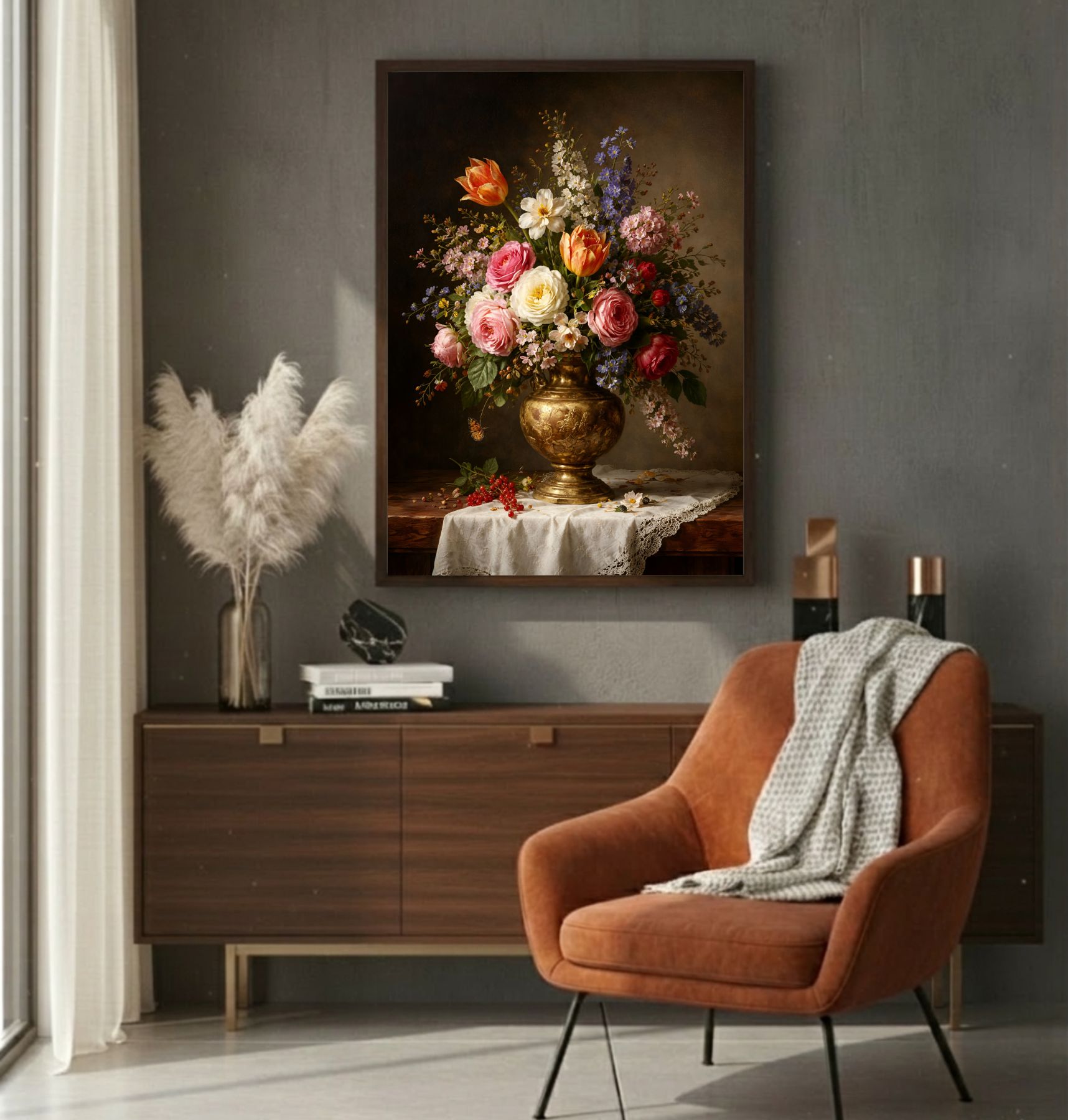 Quadro Decorativo Vaso de Flores Clássico Em Pintura a Óleo