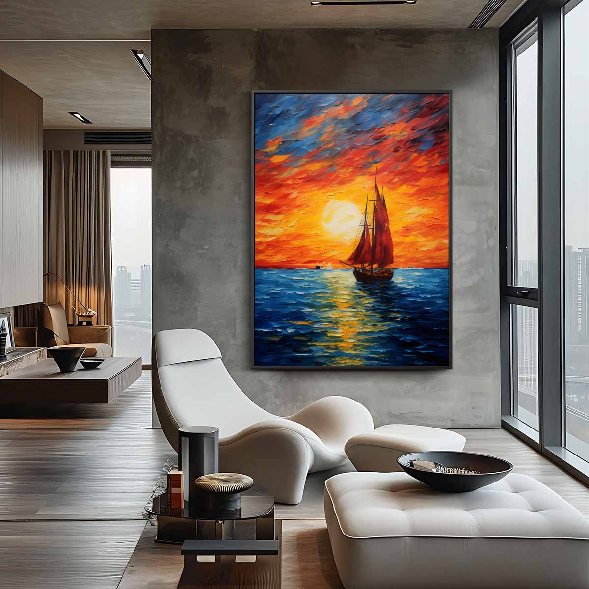 Quadro Decorativo Barco Ao Pôr Do Sol No Mar Pintura Moderna