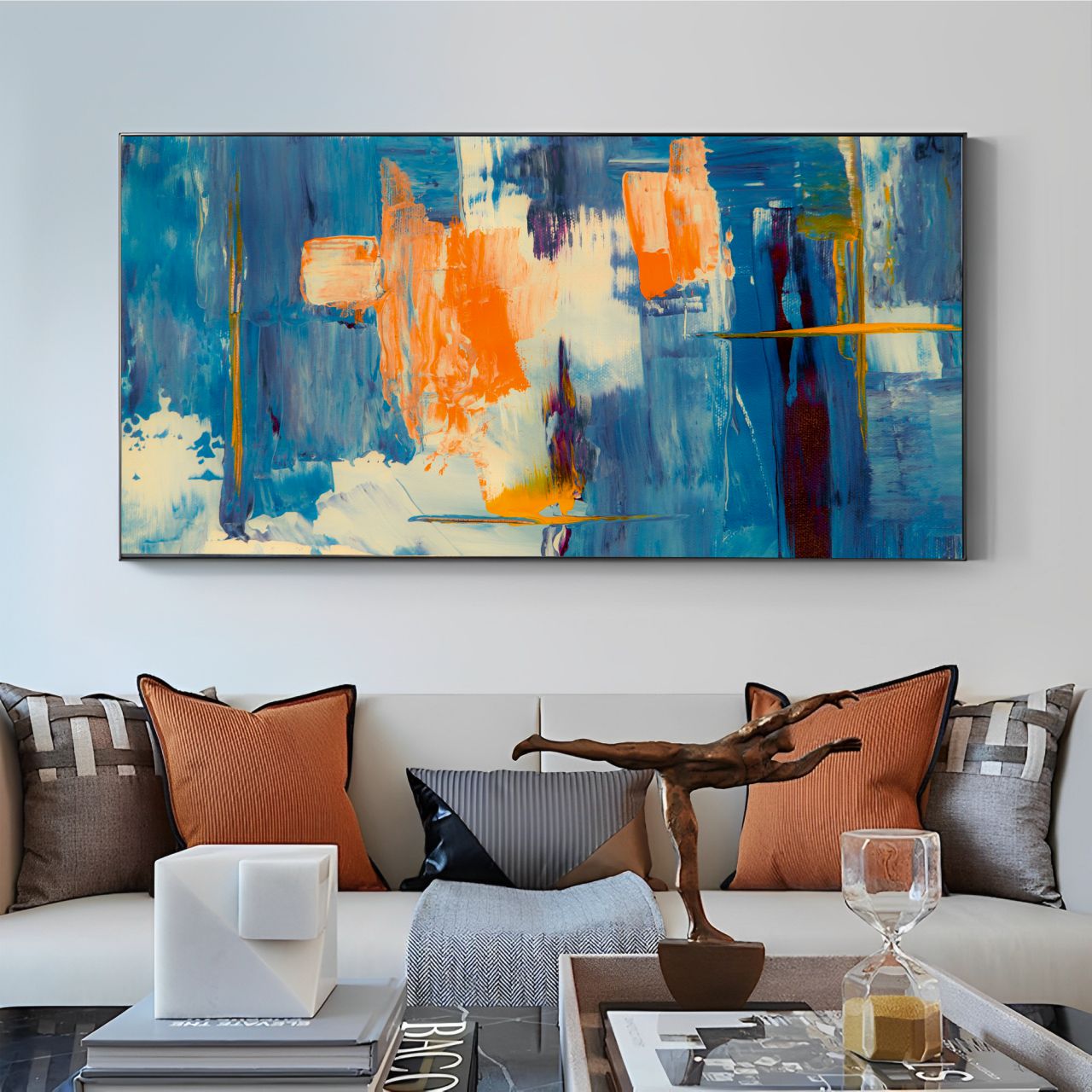 Quadro Decorativo Grande Arte Abstrata Azul Luxo Sala Hall