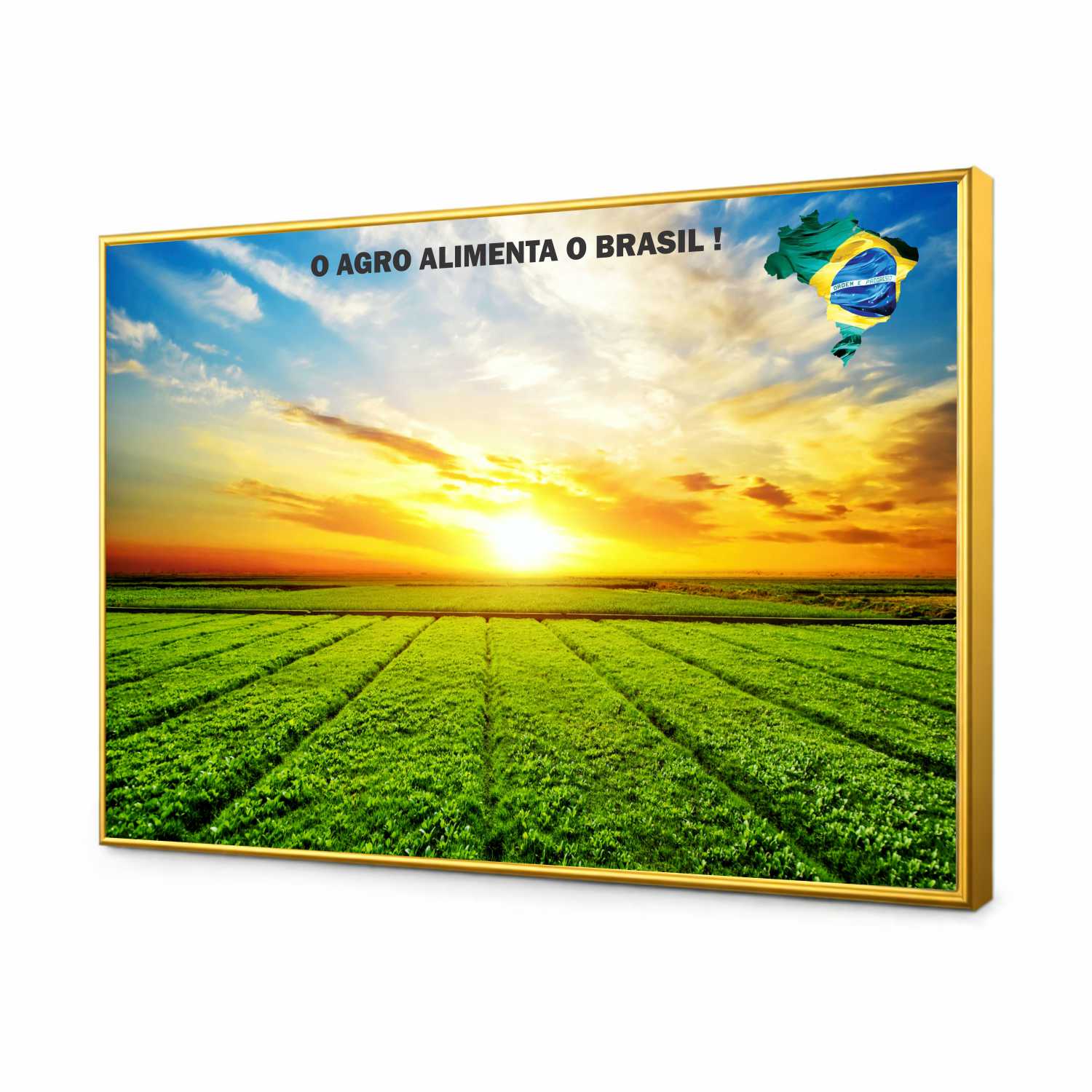 Quadro Decorativo Agro Alimenta o Brasil Plantação no Por do Sol 