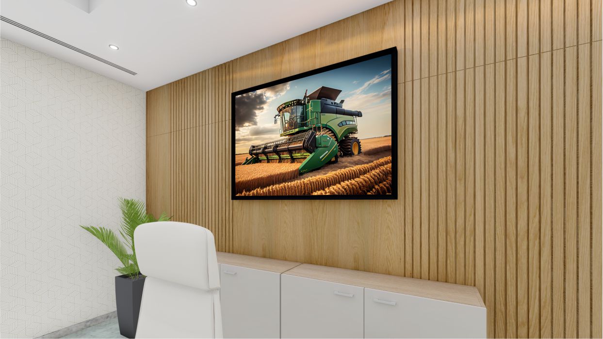 Quadro Decorativo Colheitadeira na Plantação em Adesivo com Moldura Caixa