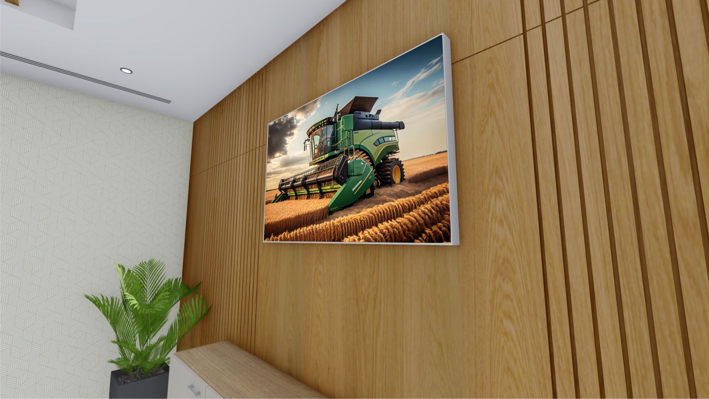 Quadro Decorativo Colheitadeira na Plantação em Canvas Moldura Negativa