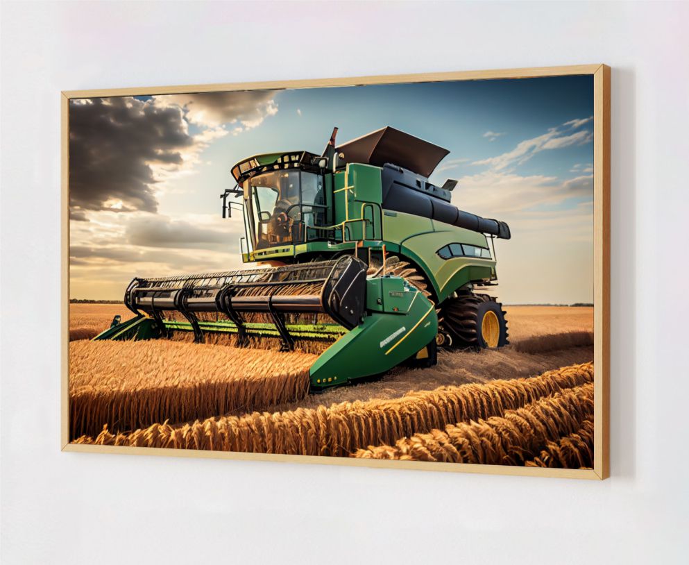 Quadro Decorativo Colheitadeira na Plantação em Adesivo com Moldura Caixa
