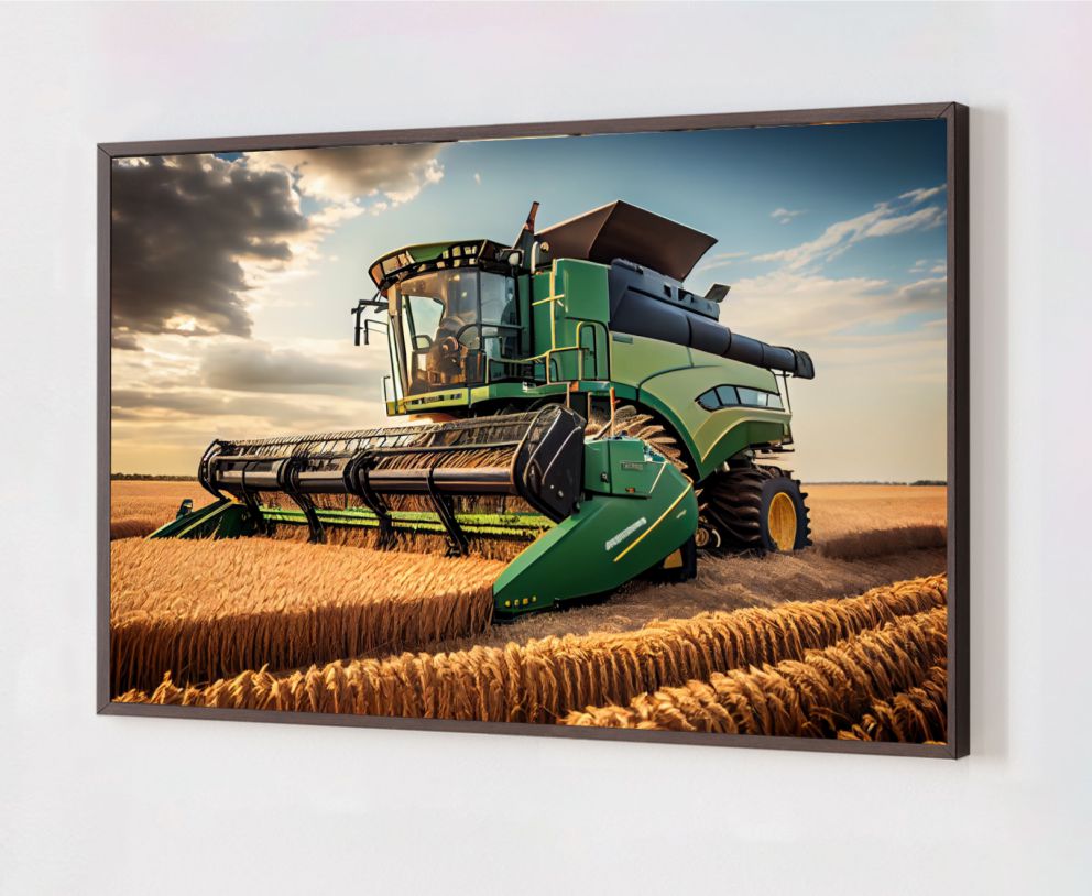 Quadro Decorativo Colheitadeira na Plantação em Adesivo com Moldura Caixa