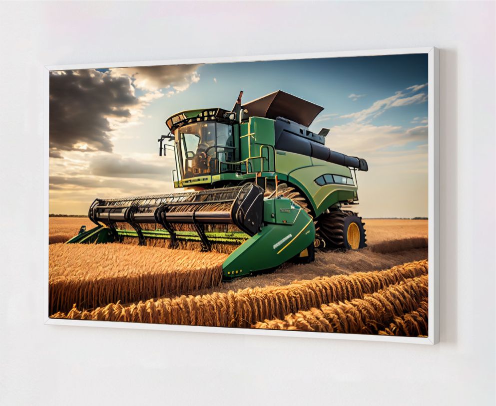 Quadro Decorativo Colheitadeira na Plantação em Adesivo com Moldura Caixa