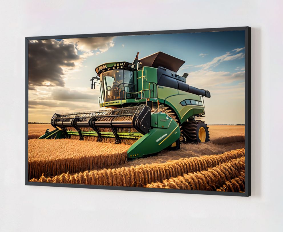 Quadro Decorativo Colheitadeira na Plantação em Adesivo com Moldura Caixa