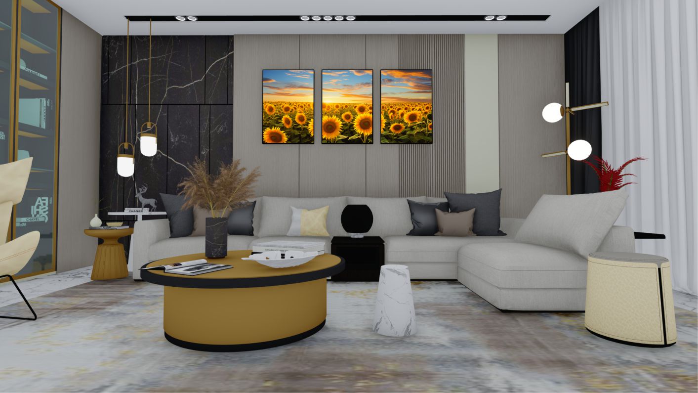 Quadro Decorativo Girassol Trio em Canvas Moldura Negativa