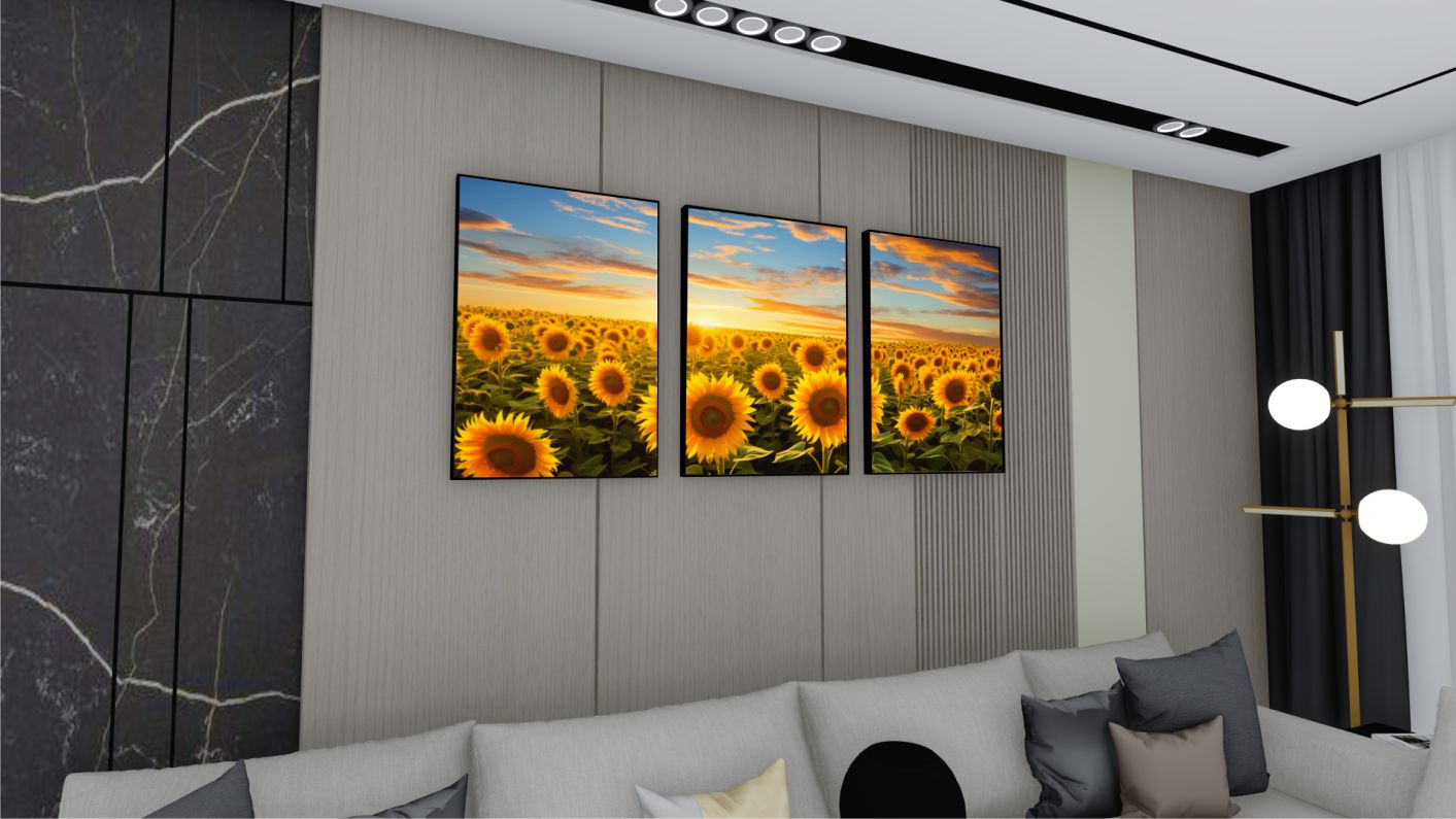 Quadro Decorativo Girassol Trio em Canvas Moldura Negativa