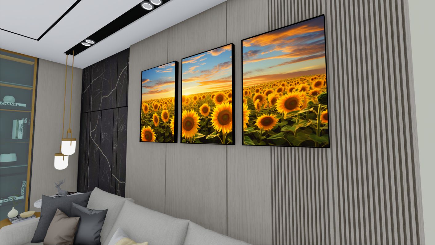 Quadro Decorativo Girassol Trio em Canvas Moldura Negativa