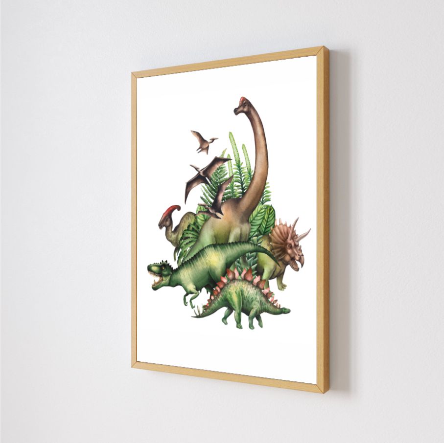 Quadro Decorativo Dinossauros em Adesivo com Moldura Caixa