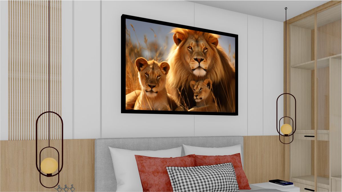 Quadro Decorativo Leão e Filhotes em Adesivo com Moldura Caixa