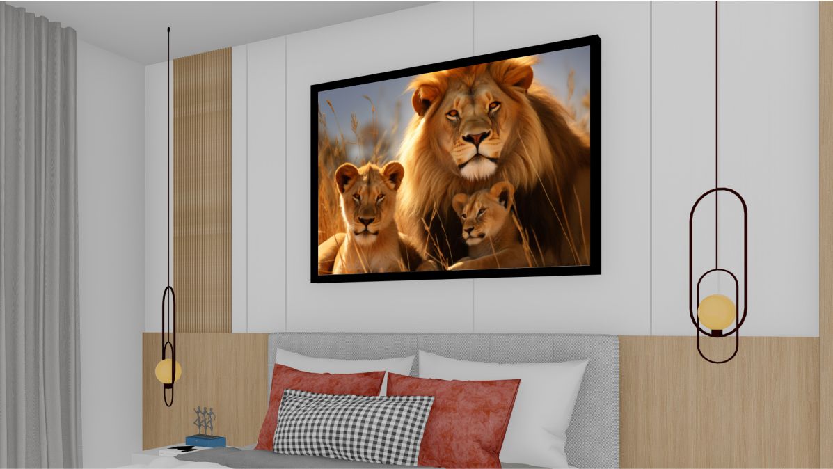 Quadro Decorativo Leão e Filhotes em Adesivo com Moldura Caixa