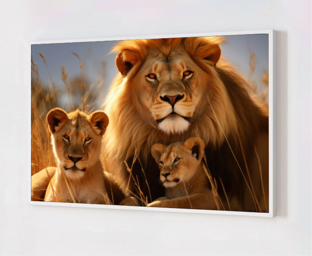 Quadro Decorativo Leão e Filhotes em Adesivo com Moldura Caixa