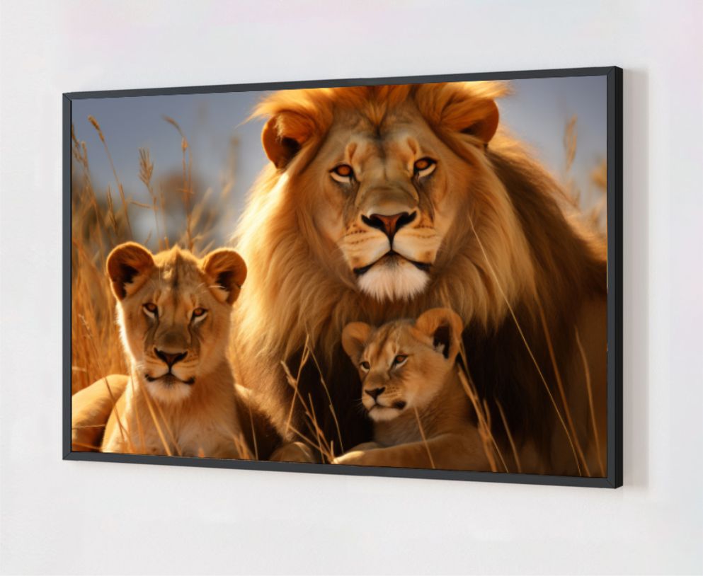 Quadro Decorativo Leão e Filhotes em Adesivo com Moldura Caixa
