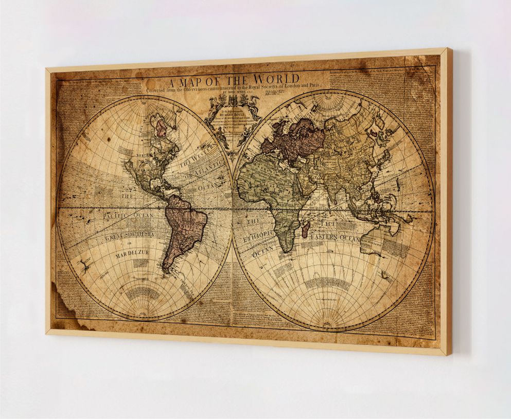 Quadro Decorativo Mapa Mundi Vintage em Adesivo com Moldura Caixa