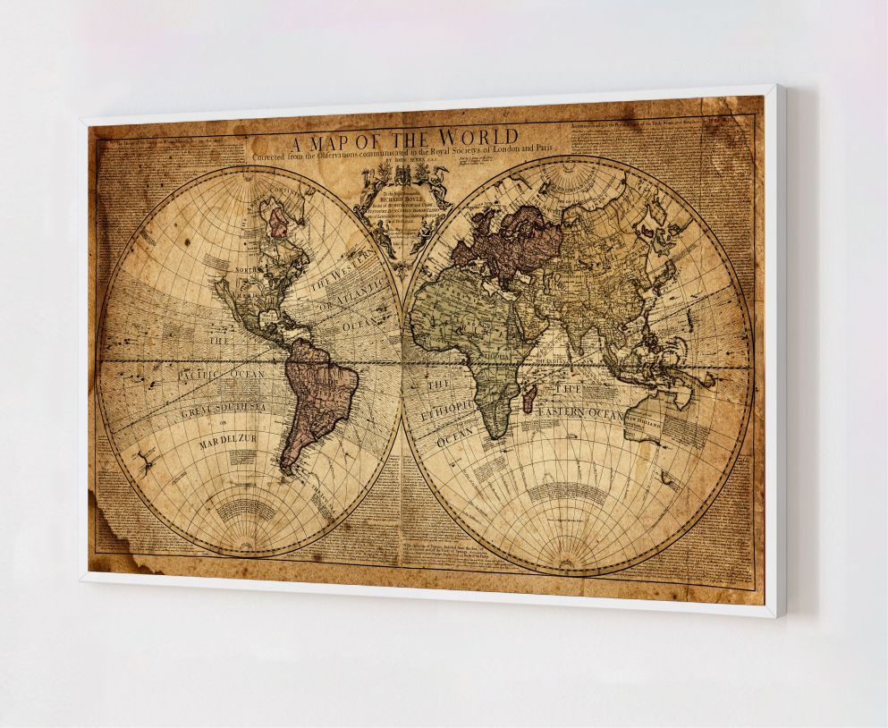 Quadro Decorativo Mapa Mundi Vintage em Adesivo com Moldura Caixa