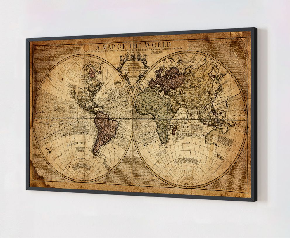 Quadro Decorativo Mapa Mundi Vintage em Adesivo com Moldura Caixa