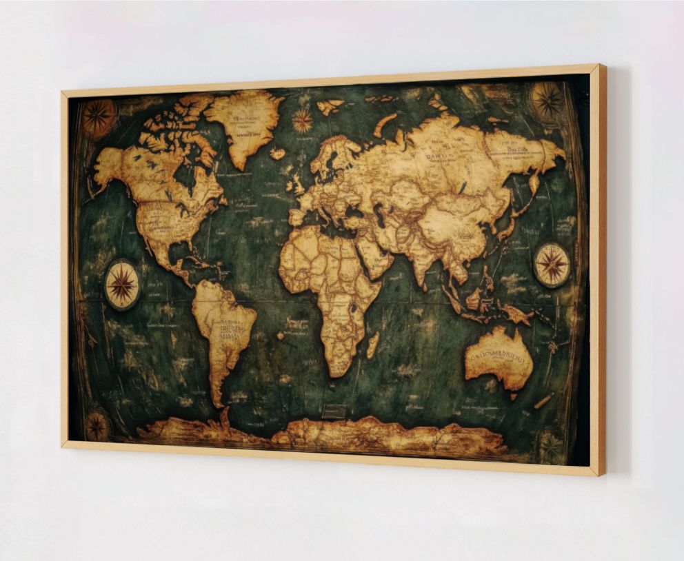 Quadro Decorativo Mapa Mundi Clássico em Adesivo com Moldura Caixa