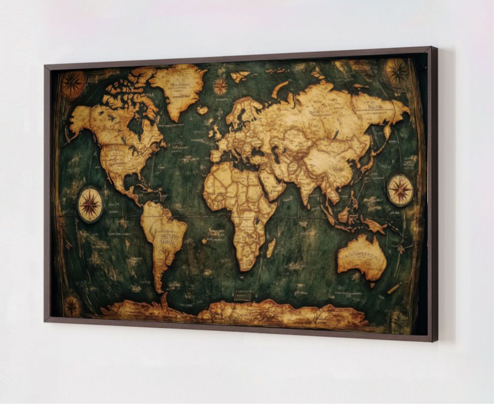 Quadro Decorativo Mapa Mundi Clássico em Adesivo com Moldura Caixa